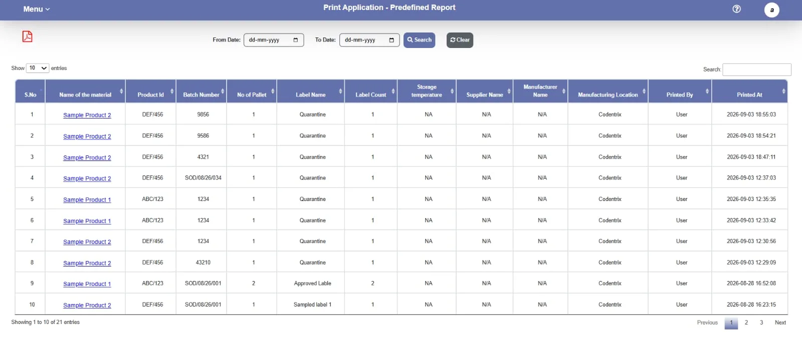 Pharmaceutical labeling software report showing printed by and printed at for every label